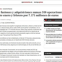 Las fusiones y adquisiciones suman 318 operaciones entre enero y febrero por 7.171 millones de euros